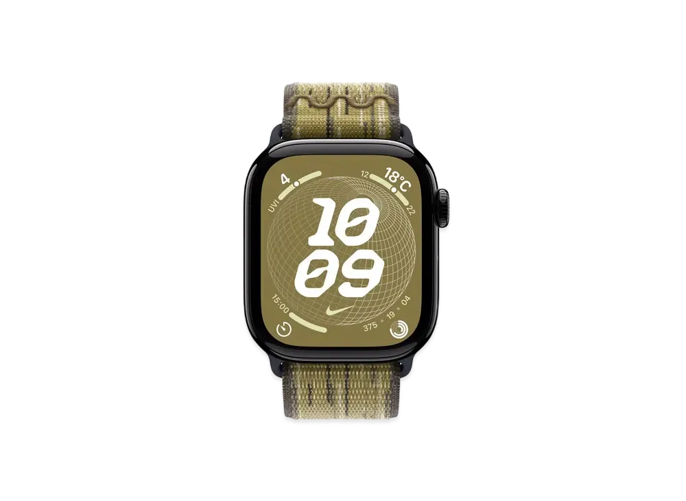 Apple Watch Series 10 GPS + Cellular Model Jet Black Aluminiumcase Textile Nike Sports Loop "Green/Gray"