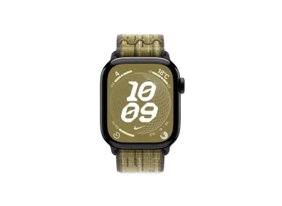 Apple Watch Series 10 GPS + Cellular Model Jet Black Aluminiumcase Textile Nike Sports Loop "Green/Gray"