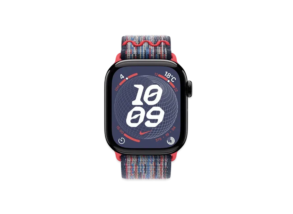 Apple Watch Series 10 GPS Model Jet Black Aluminiumcase Textile Nike Sports Loop "Blue/Red"