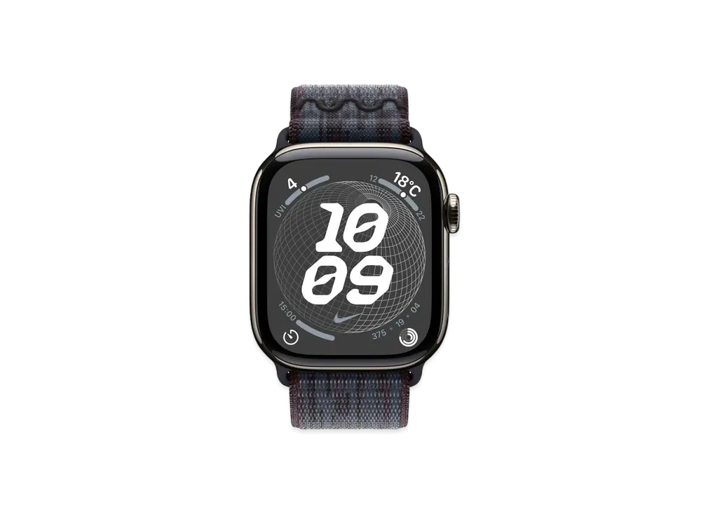 Apple Watch Series 10 GPS + Cellular Model Natural Titaniumcase Textile Nike Sports Loop "Black/Blue"