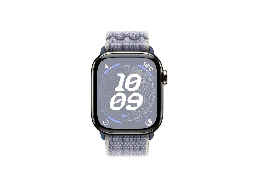 Apple Watch Series 10 GPS + Cellular Model Natural Titaniumcase Textile Nike Sports Loop "Gray/Blue"