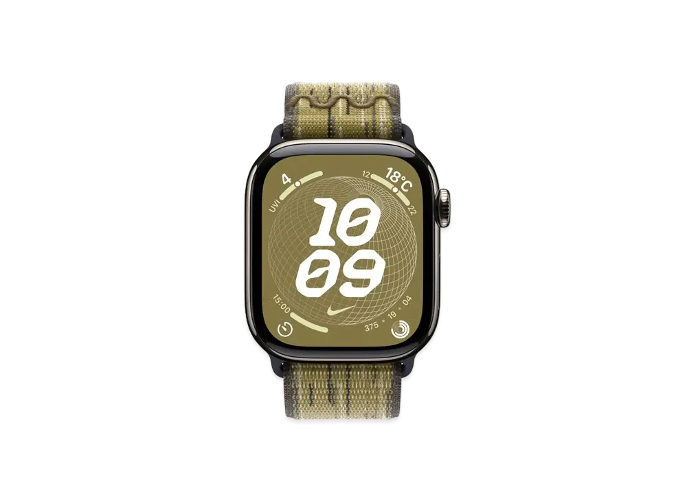 Apple Watch Series 10 GPS + Cellular Model Natural Titaniumcase Textile Nike Sports Loop "Green/Gray"
