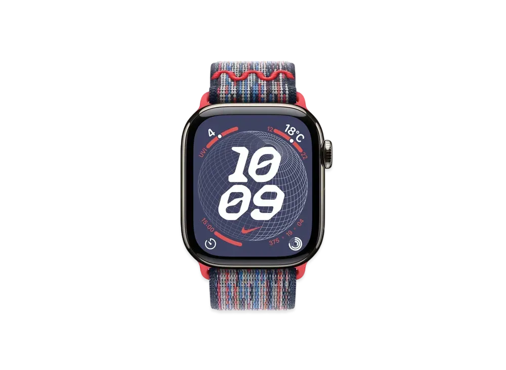 Apple Watch Series 10 GPS + Cellular Model Natural Titaniumcase Textile Nike Sports Loop "Blue/Red"