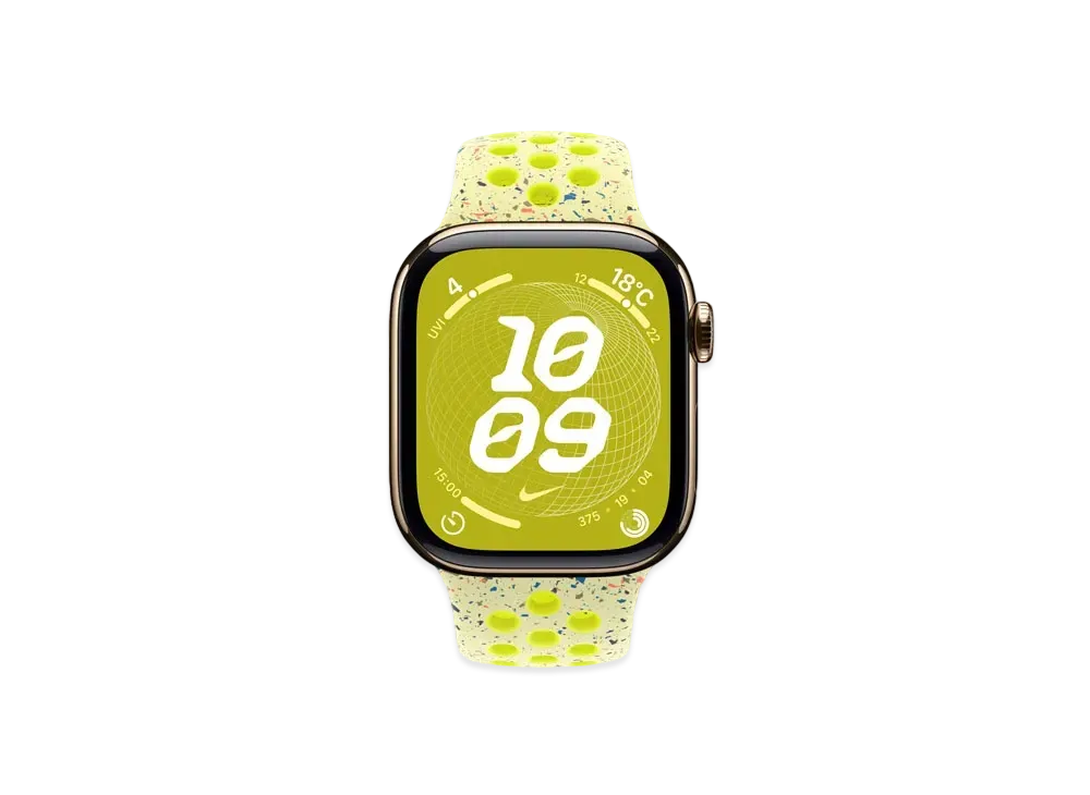 Apple Watch Series 10 GPS + Cellular Model Gold Titaniumcase Rubber Nike Sportsband "Bolt Splash"