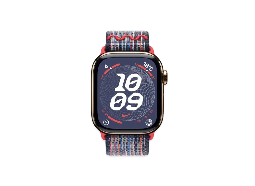 Apple Watch Series 10 GPS + Cellular Model Gold Titaniumcase Textile Nike Sports Loop "Blue/Red"