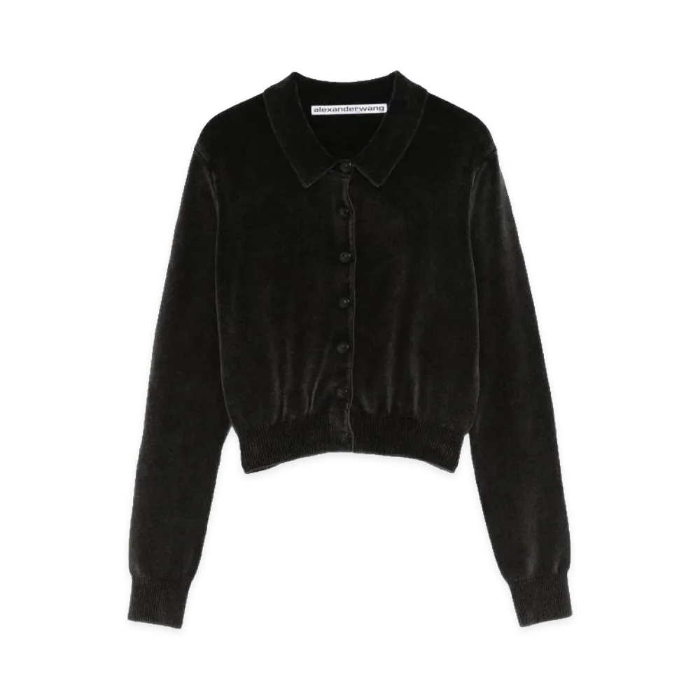 Alexander Wang Women's Long-Sleeve Cropped Polo Cardigan "Washed Black"