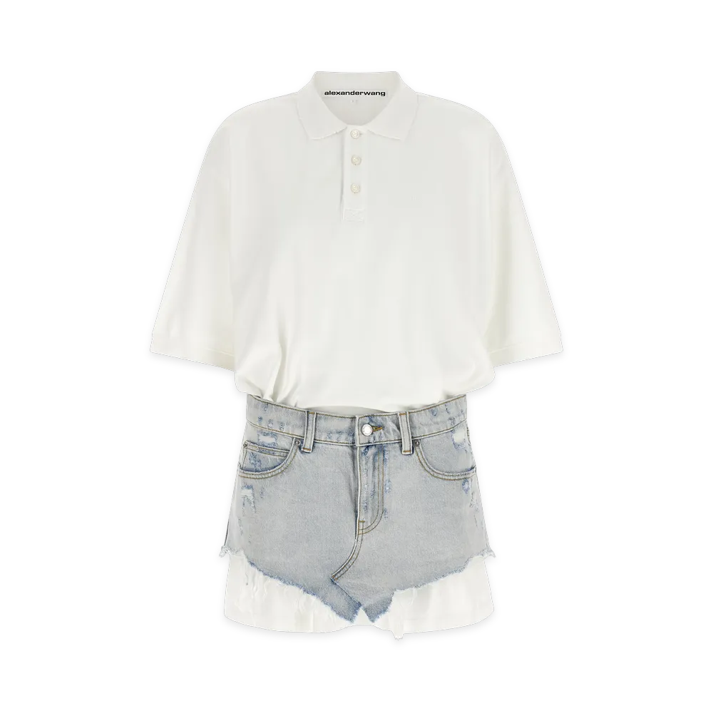 Alexander Wang Women's Layered Polo Mini Dress With Reconstructed Denim Skirt "White/Light Bleach"