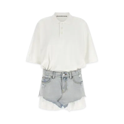 Alexander Wang Women's Layered Polo Mini Dress With Reconstructed Denim Skirt "White/Light Bleach"