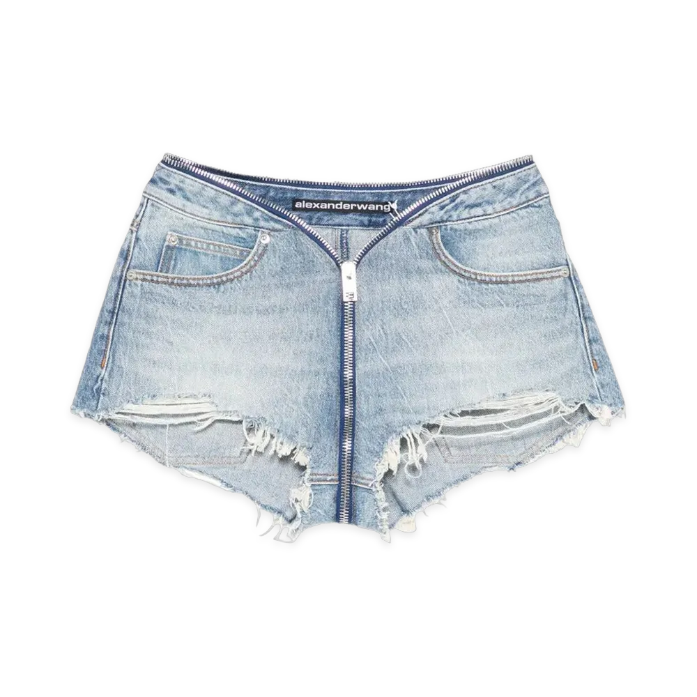 Alexander Wang Women's Dipped V Zip Waistband Cut Off Short "Authentic Light Indigo"