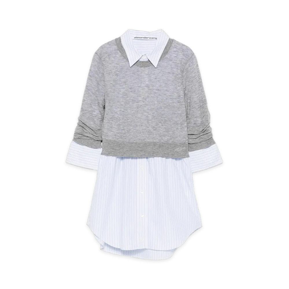 Alexander Wang Women's Sheer Crewneck Sweater Button Up "Heather Grey/Light Blue"