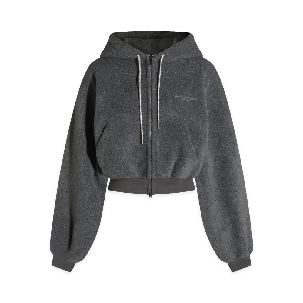 Alexander Wang Women's Crystal Hotfix Drawcord Shrunken Zip-Up Hoodie "Dark Grey Melange"