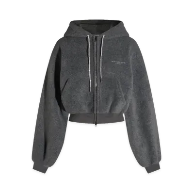 Alexander Wang Women's Crystal Hotfix Drawcord Shrunken Zip-Up Hoodie "Dark Grey Melange"
