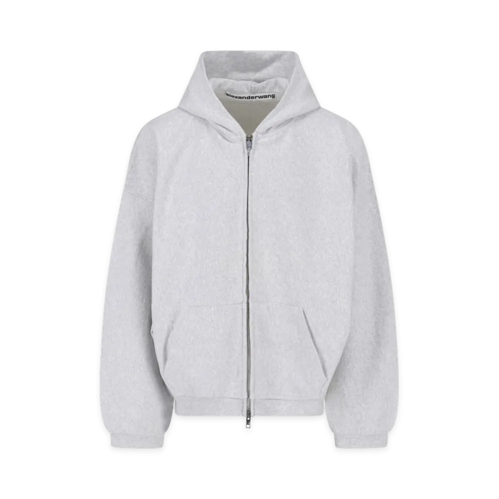 Alexander Wang Crystal Hotfix Oversized Zip-Up Hoodie "Light Heather Grey"