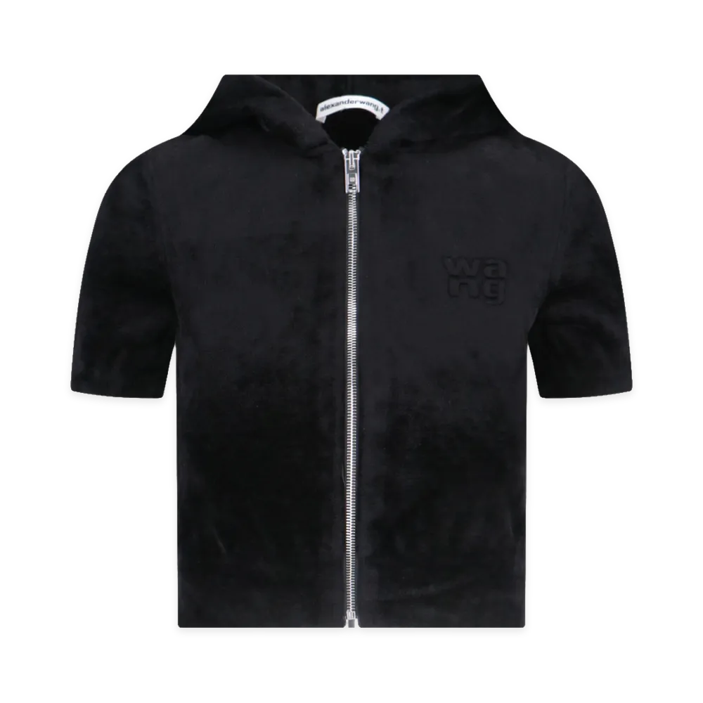 Alexander Wang Women's Short Sleeve Cropped Zip Hoodie "Black"