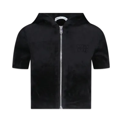 Alexander Wang Women's Short Sleeve Cropped Zip Hoodie "Black"