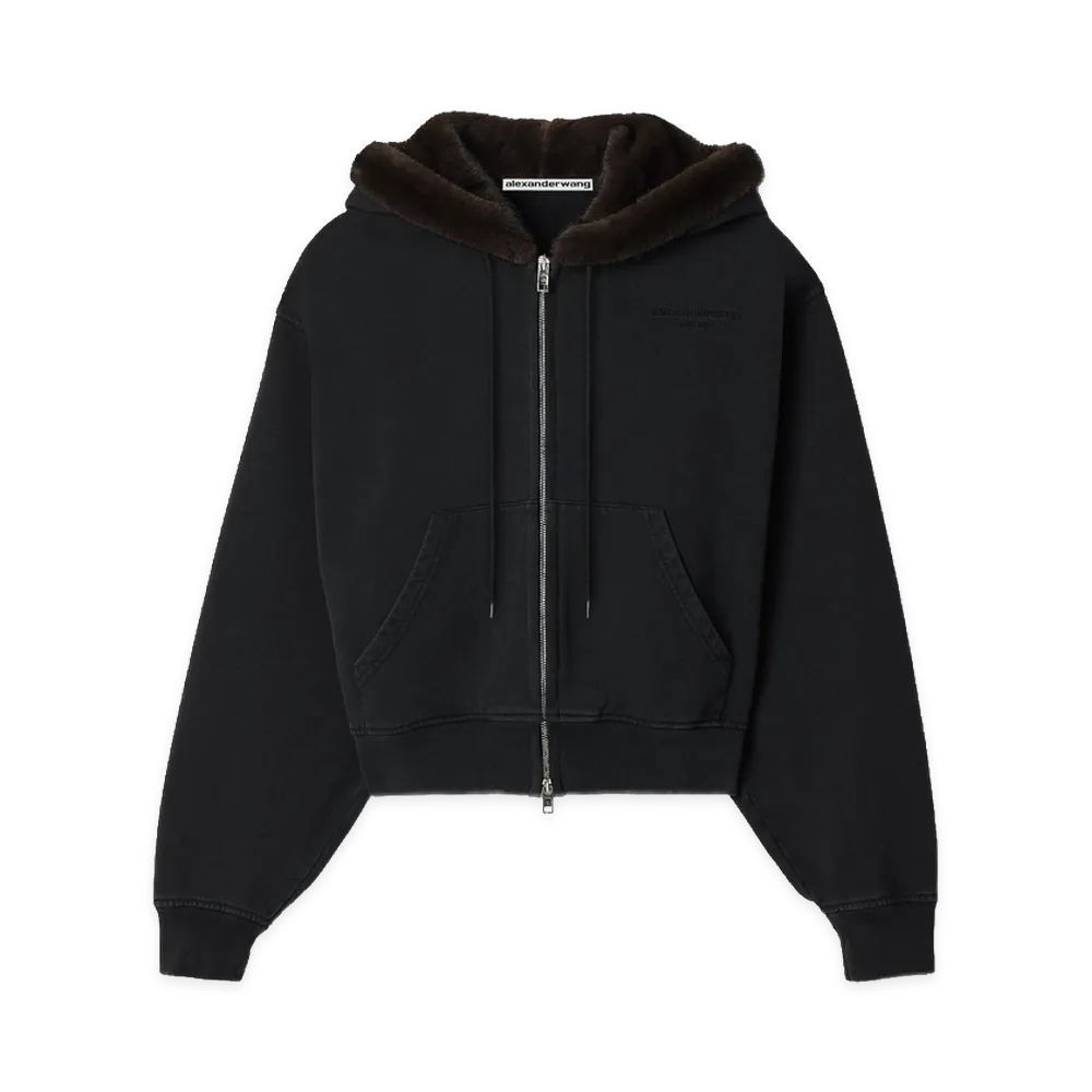 Alexander Wang Women's Faux Fur Hood Zip-Up Hoodie "Washed Black"