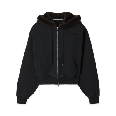 Alexander Wang Women's Faux Fur Hood Zip-Up Hoodie "Washed Black"