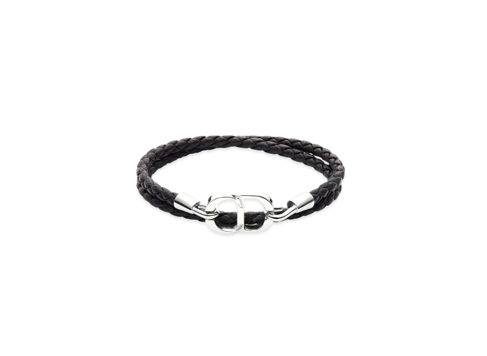 Dior CD Icon Braided Leather Double Bracelet Lambskin and Brass "Black/Silver"