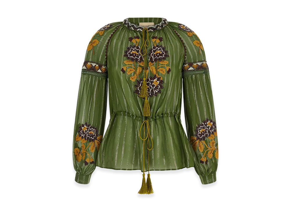 Valentino Garavani Women's Embroidered Lurex Silk Shirt "Green"