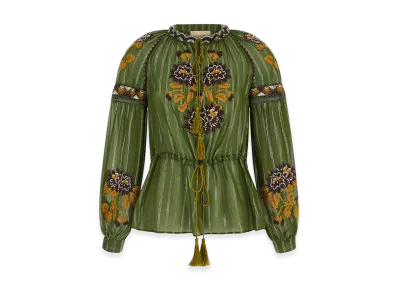 Valentino Garavani Women's Embroidered Lurex Silk Shirt "Green"