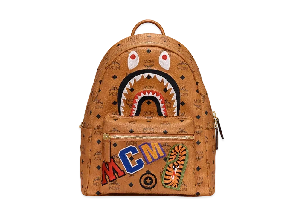 A BATHING APE / MCM Shark Stark Backpack Visetos Cognac "Brown"