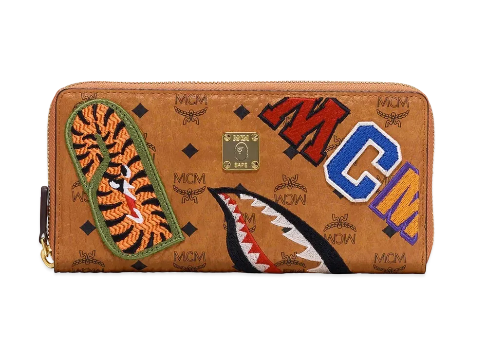 A BATHING APE / MCM Shark Zip Around Wallet Visetos Large Cognac "Brown"