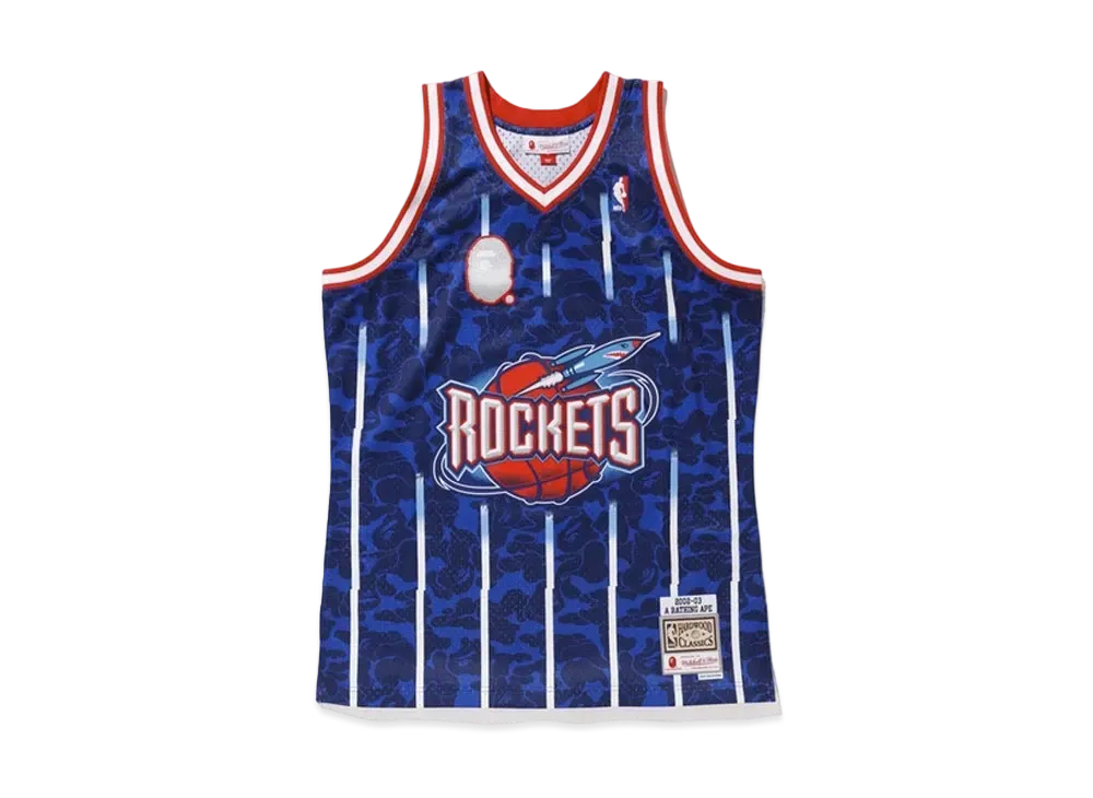 A BATHING APE Mitchell & Ness Rockets Camo Basketball Swingman Jersey "Blue"