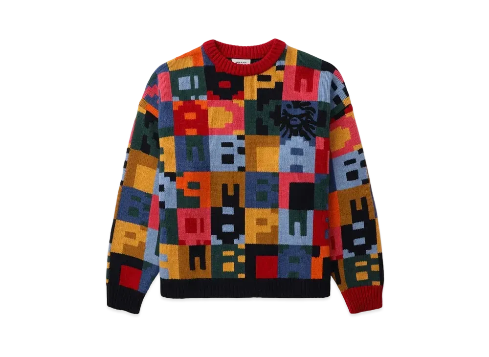 A BATHING APE Bape Black Color Patchwork Jacquard Knit Sweater "Multi"