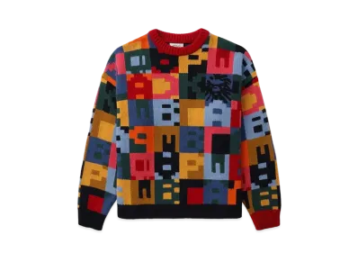 A BATHING APE Bape Black Color Patchwork Jacquard Knit Sweater "Multi"