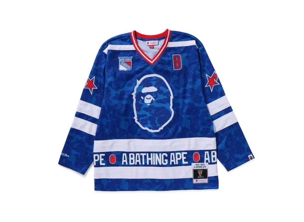 A BATHING APE x Mitchell & Ness x NHL New York Rangers Mesh Hockey Jersey L/S Tee "Blue"