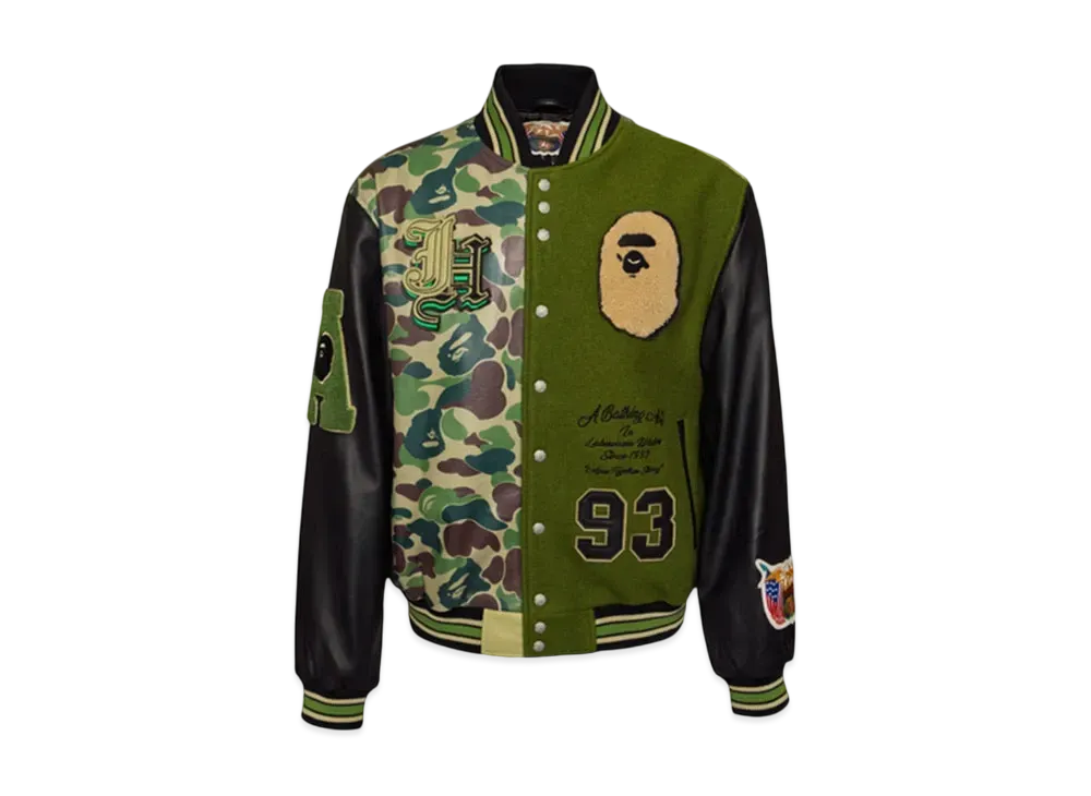 A BATHING APE x Jeff Hamilton Wool & Leather Varsity Jacket "Green/Black"