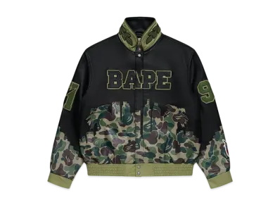 A BATHING APE x Jeff Hamilton Abc Camo Multi Logo Leather Jacket "Olive"
