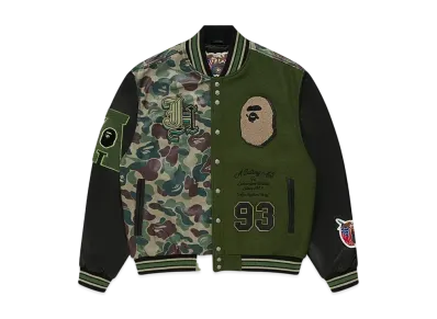 A BATHING APE x Jeff Hamilton Abc Camo Multi Logo Wool And Leather Jacket "Olive"