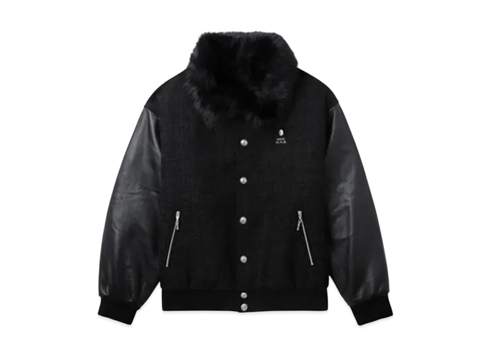 A BATHING APE Bape Black Leather Sleeve Tweed Jacket "Black"