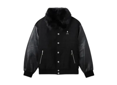 A BATHING APE Bape Black Leather Sleeve Tweed Jacket "Black"