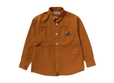 A BATHING APE Bathing Ape Logo Canvas Ls Work Shirt "Brown"