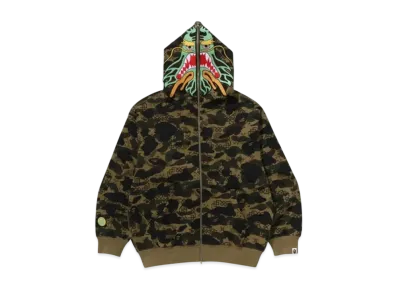 A BATHING APE x CLOT Camo Shark Relaxed Fit Full Zip Hoodie "Green"