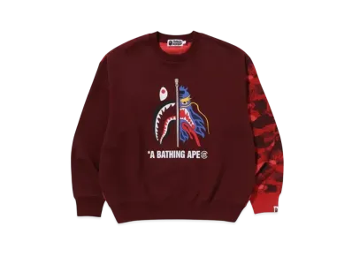 A BATHING APE x CLOT Camo Shark Patched Relaxed Fit Crewneck Sweatshirt "Red"