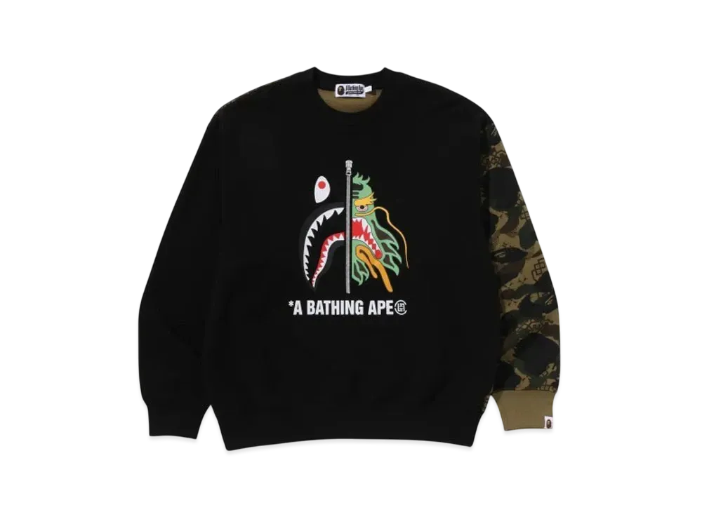 A BATHING APE x CLOT Camo Shark Patched Relaxed Fit Crewneck Sweatshirt "Green"