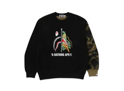 A BATHING APE x CLOT Camo Shark Patched Relaxed Fit Crewneck Sweatshirt "Green"