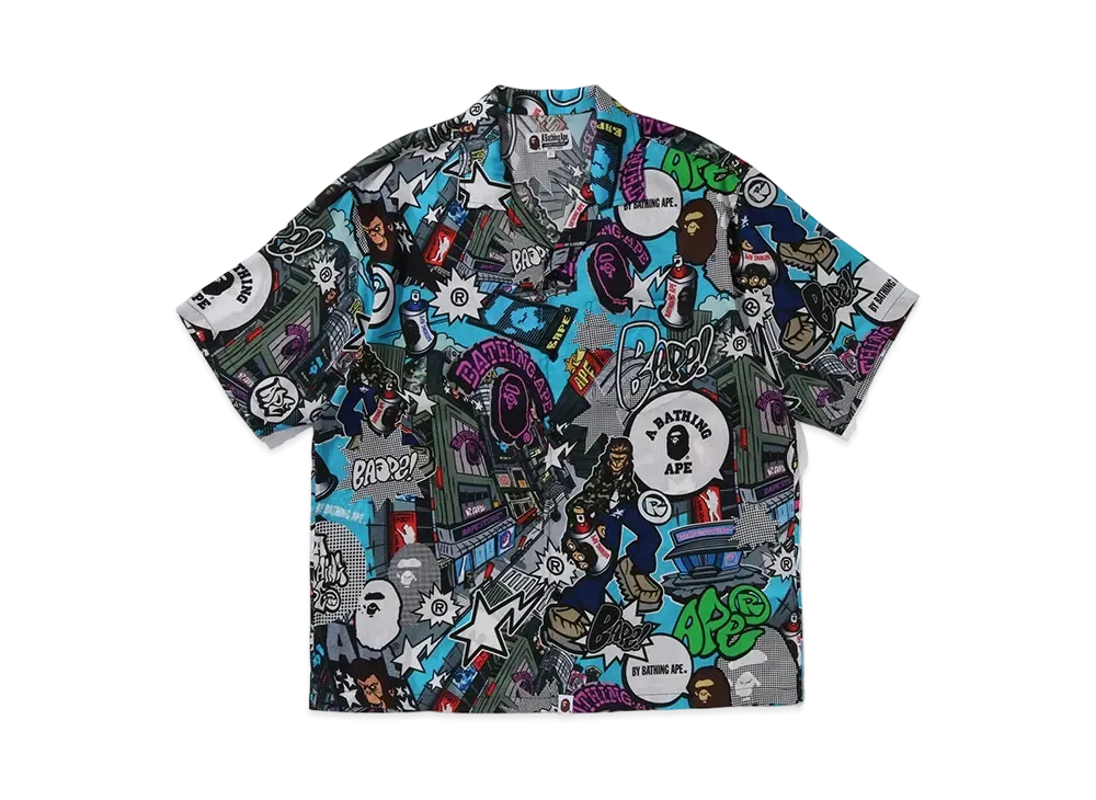 A BATHING APE Comic Art Open Collar S/S Shirt "Multi"