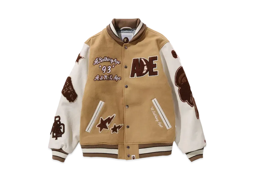 A BATHING APE Bape Multi Motif Varsity Jacket "Beige"