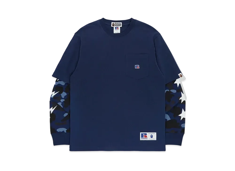 A BATHING APE x RUSSELL Color Camo College Layerd L/S Tee "Navy"