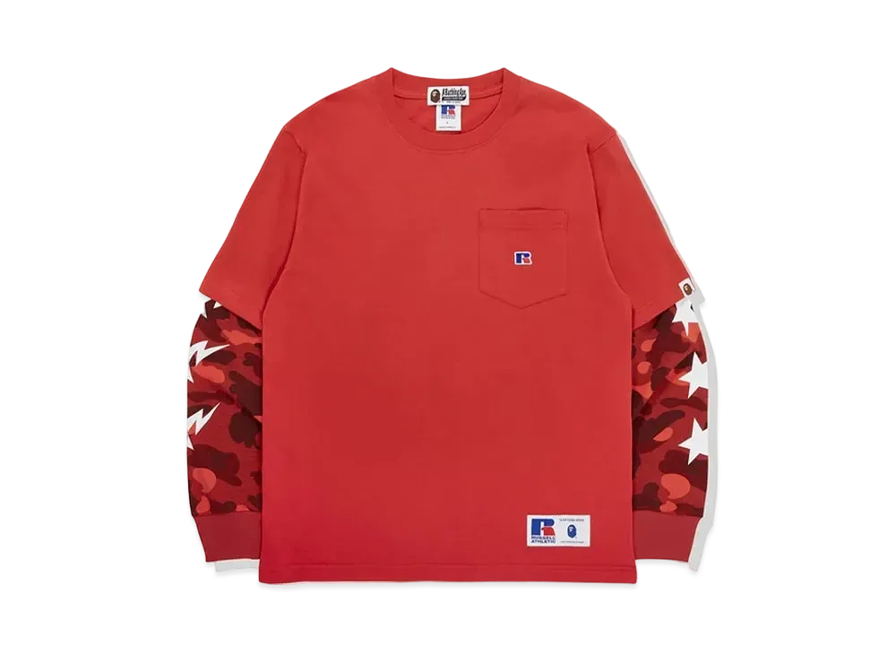 A BATHING APE x RUSSELL Color Camo College Layerd L/S Tee "Red"