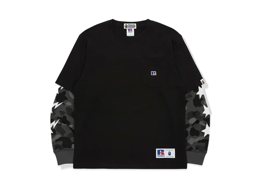 A BATHING APE x RUSSELL Color Camo College Layerd L/S Tee "Black"