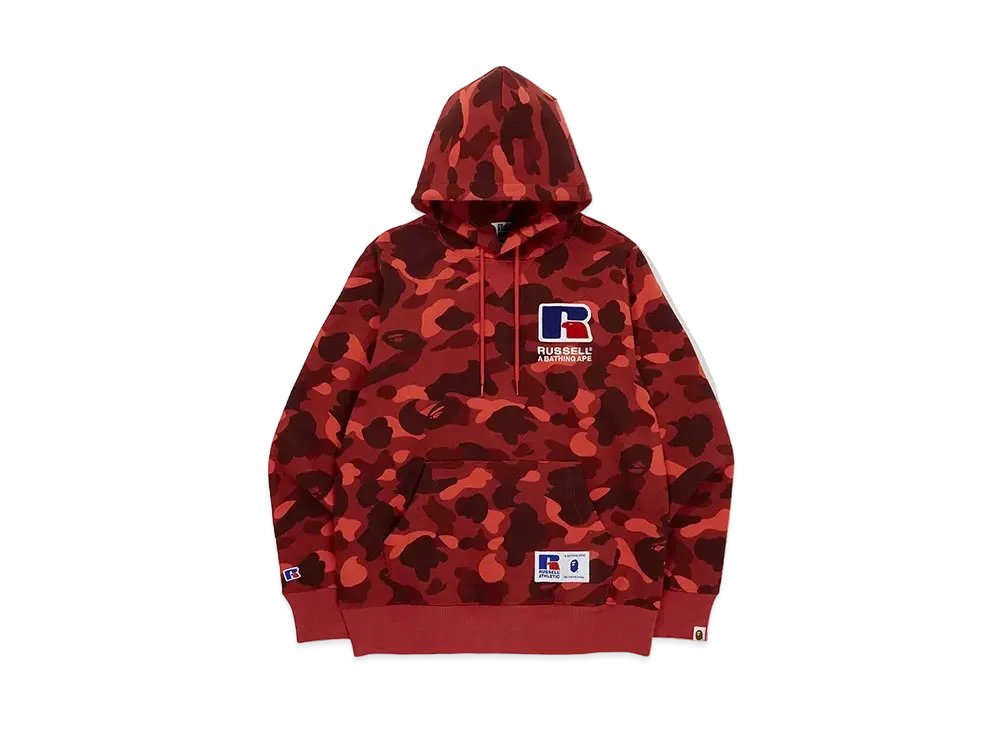 A BATHING APE x RUSSELL Color Camo College Pullover Hoodie "Red"