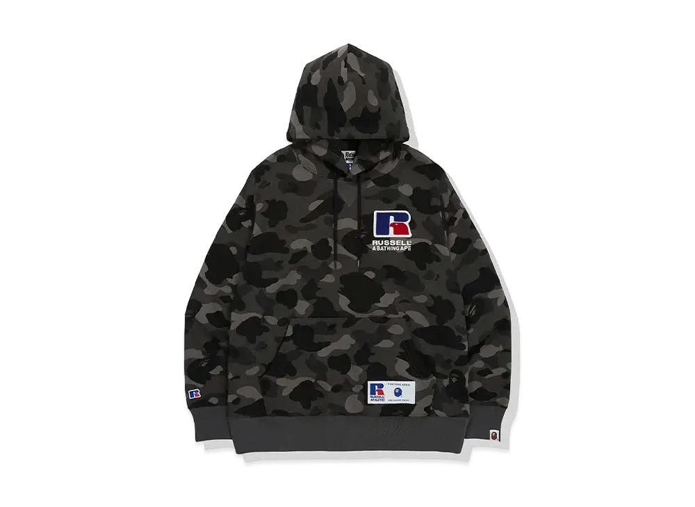 A BATHING APE x RUSSELL Color Camo College Pullover Hoodie "Black"