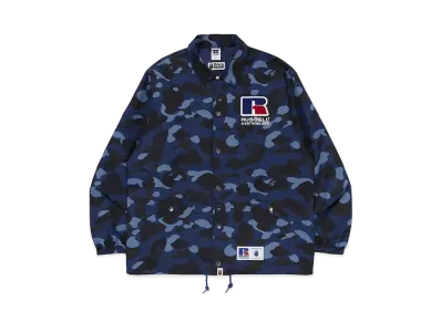 A BATHING APE x RUSSELL Color Camo College Coach Jacket "Navy"