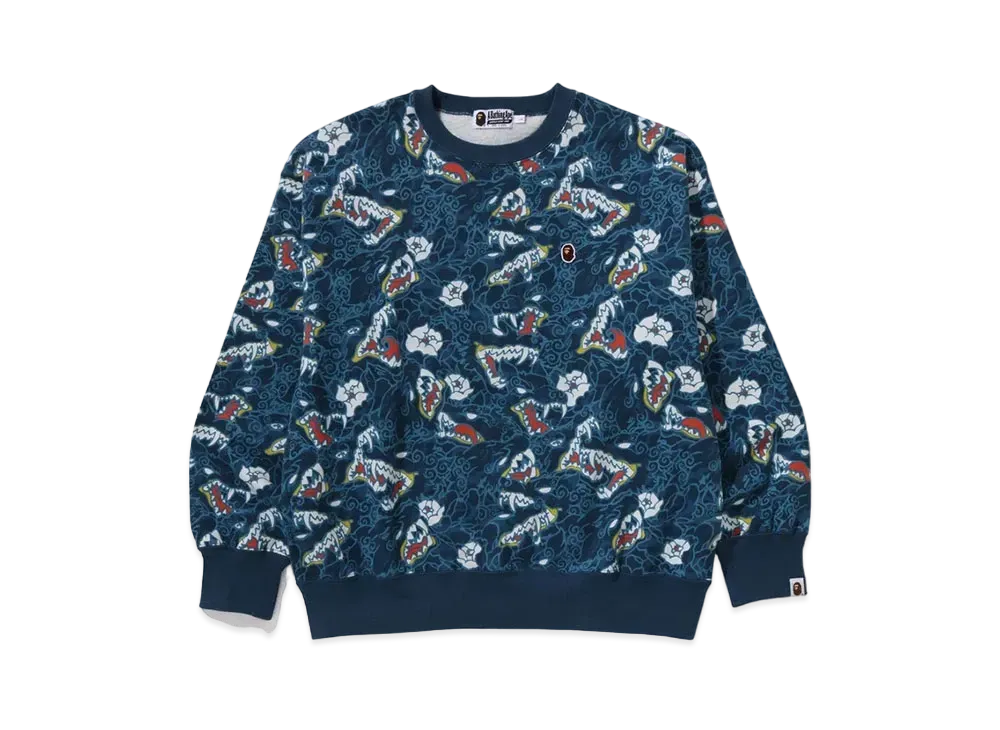 A BATHING APE Japanese Tattoo Camo Relaxed Fit Crewneck Sweatshirt "Blue"
