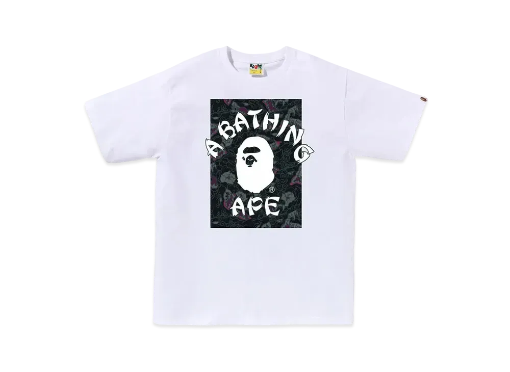 A BATHING APE Japanese Tattoo Camo On College Tee "White/Black"